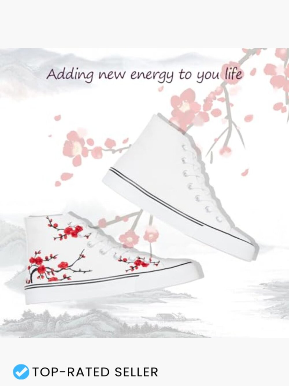 High Top Canvas Sneakers Embroidered Floral Lace Up Casual Walking Comfort Shoes - Picture 6 of 7